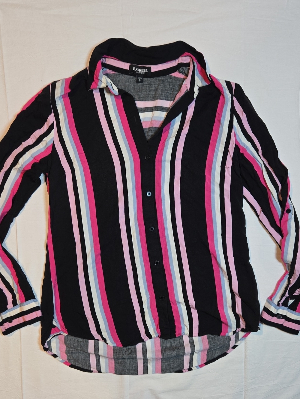 Express Black Button-Up Shirt with Pink & Light Gray Stripes